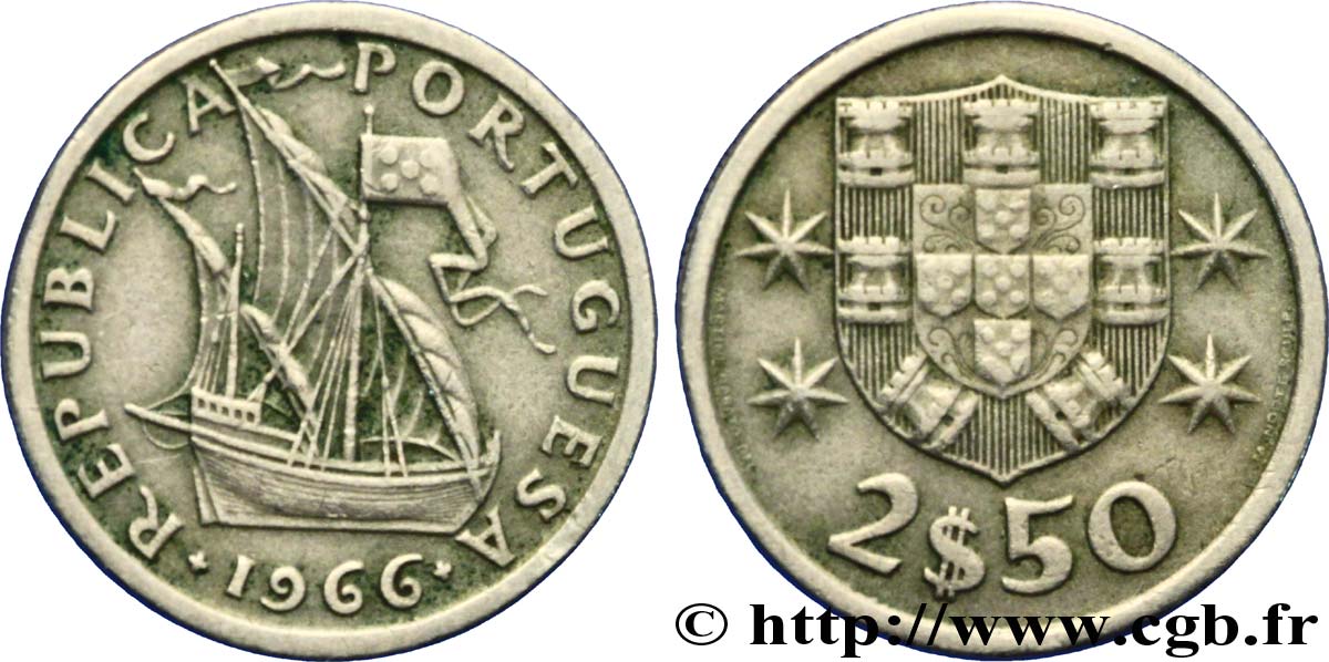 PORTUGAL 2 1/2 Escudos emblème / voilier 1966  TTB 