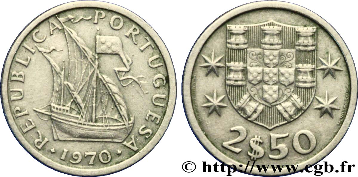 PORTUGAL 2 1/2 Escudos emblème / voilier 1970  MBC+ 