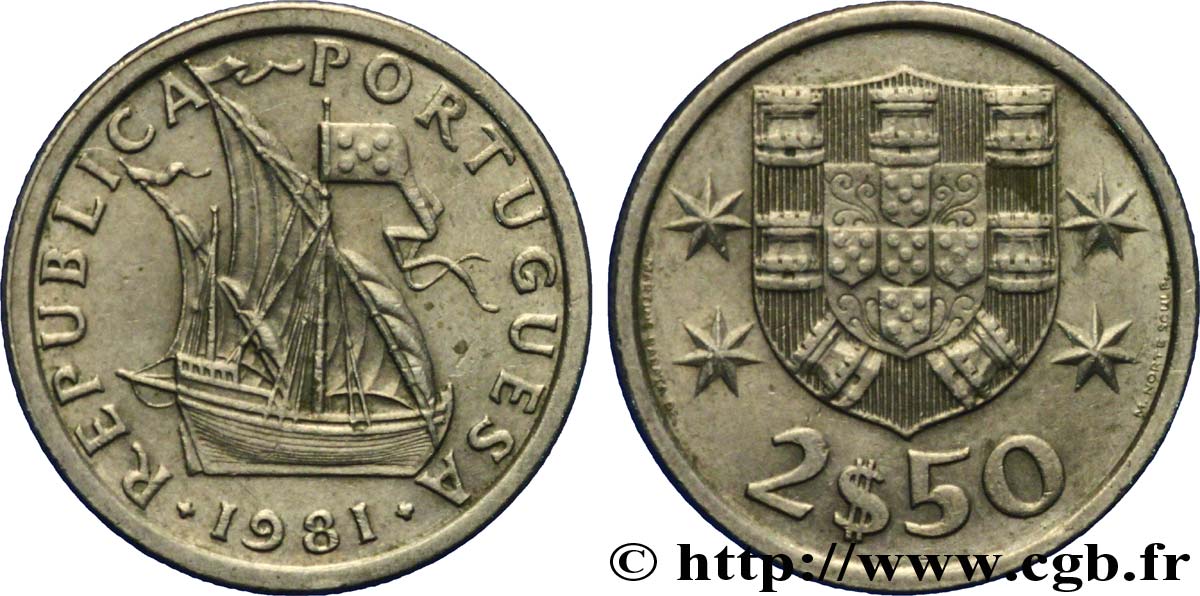 PORTUGAL 2 1/2 Escudos emblème / voilier 1981  AU 