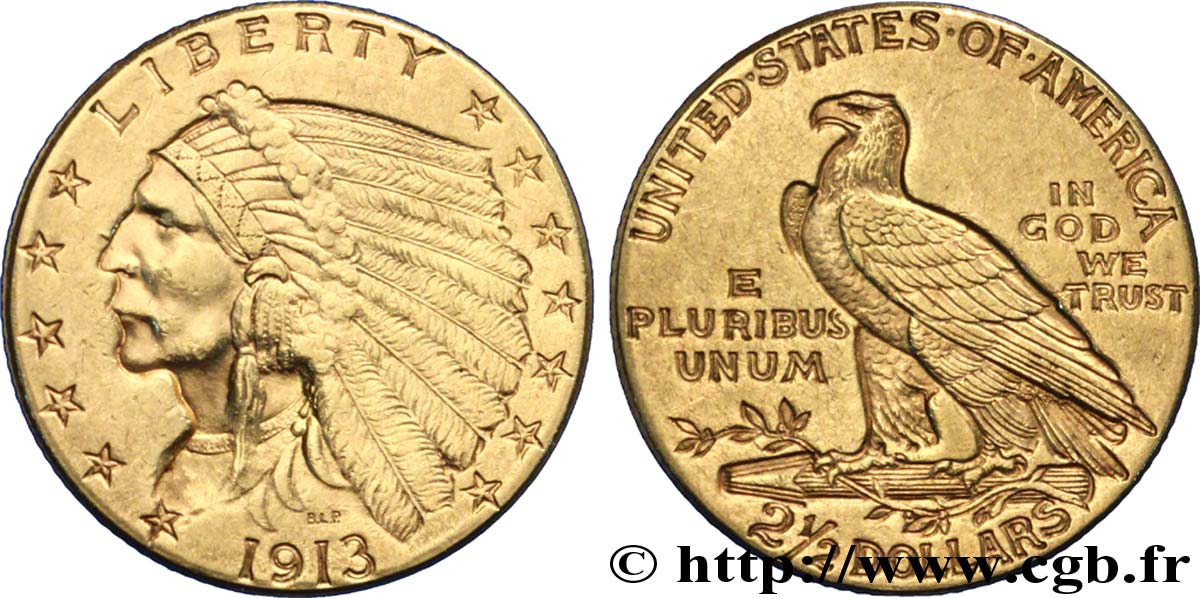 ÉTATS-UNIS D AMÉRIQUE 2 1/2 Dollars or (Quarter Eagle) type “tête d’indien”  1913 Philadelphie SUP 