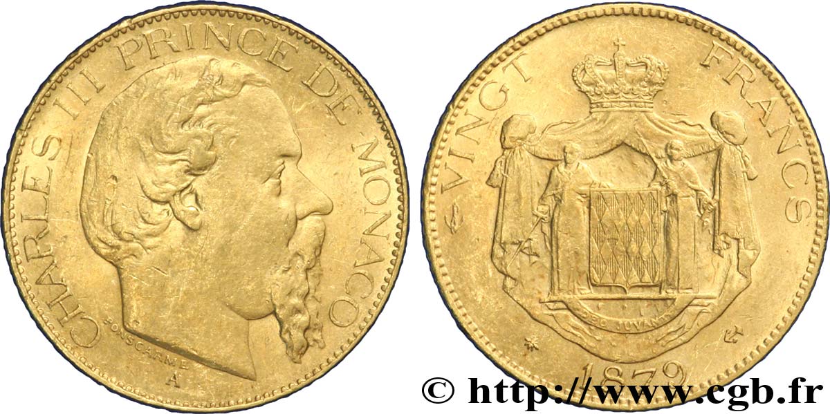 MONACO 20 Francs or, Charles III / écu couronné, ancre barrée 1879 Paris TTB+ 