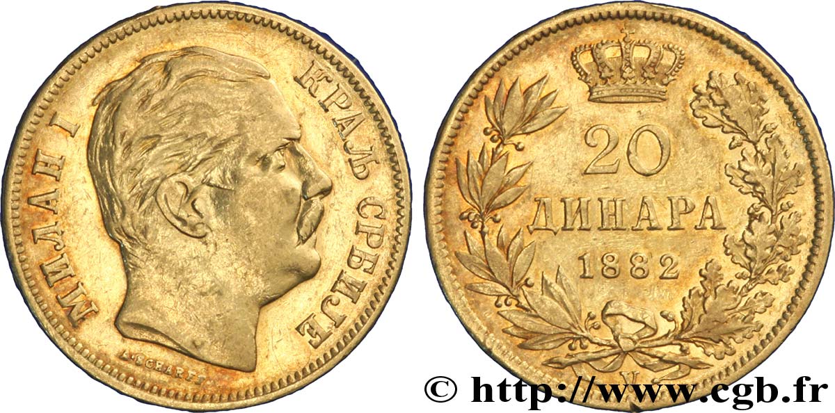SERBIE 20 Dinara Milan IV Obrenovic 1882 Vienne TTB 