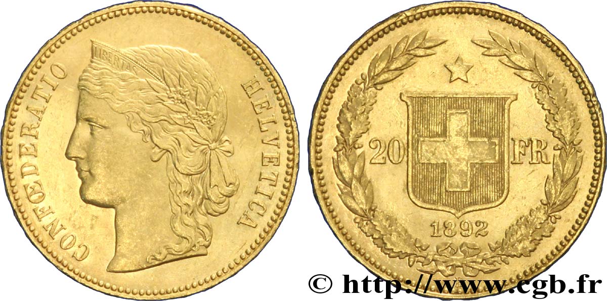 SUISSE 20 Francs or buste diadémé d Helvetia / croix suisse 1892 Berne - B SUP 