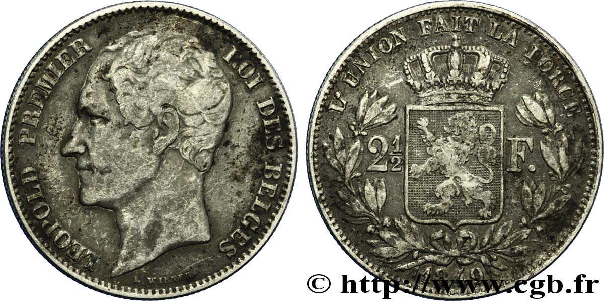 BELGIQUE 2 1/2 Francs 2e type, petite tête nue Léopold Ier / écu couronné 1849 Bruxelles TB 