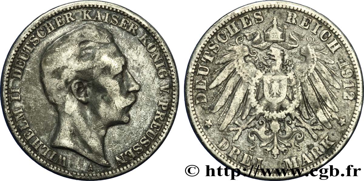 ALLEMAGNE - PRUSSE 3 Mark Guillaume II / aigle 1912 Berlin TB 