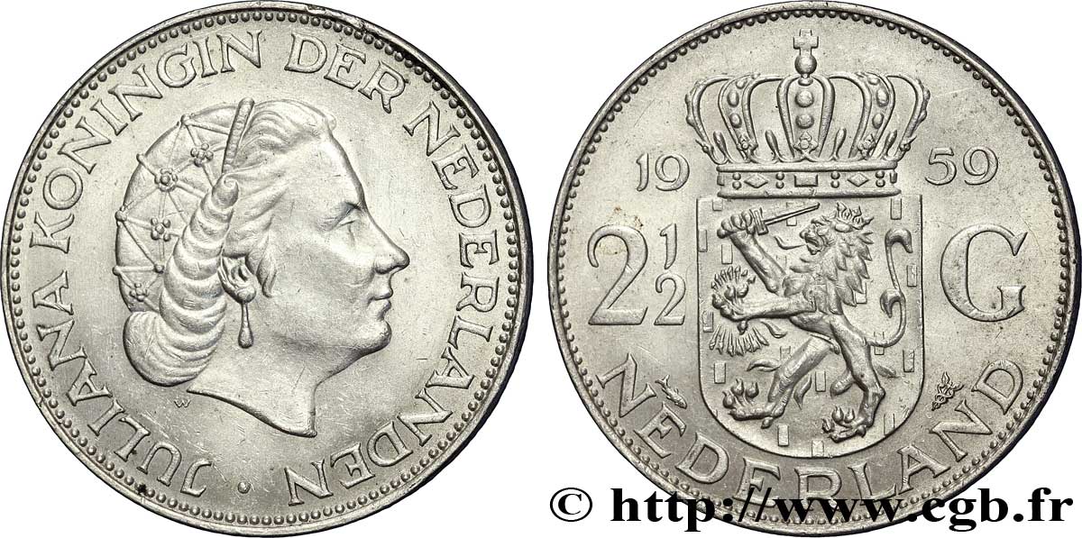 NETHERLANDS 2 1/2 Gulden Juliana 1959 Utrecht AU 