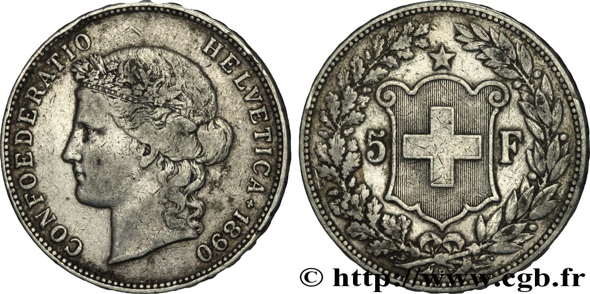 SUISSE 5 Francs Helvetia buste 1890 Berne TB+ 