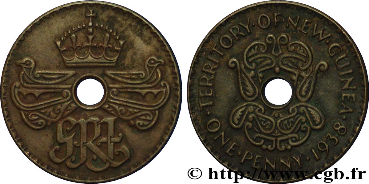 NOUVELLE GUINÉE 1 Penny monogramme couronné 1938  TTB 