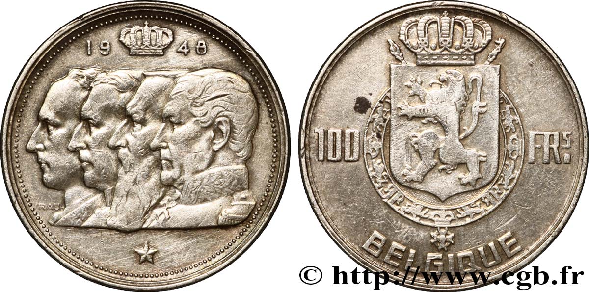 BELGIQUE 100 Francs bustes des quatre rois de Belgique, légende française 1948  TTB 