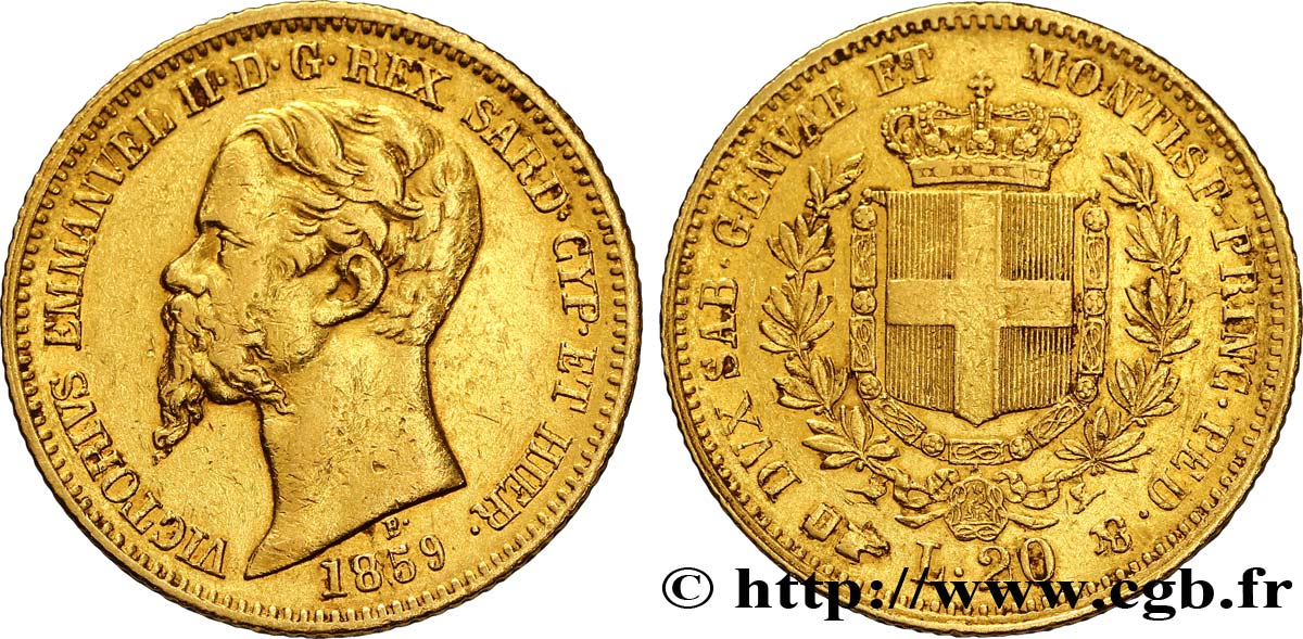 ITALIE - ROYAUME DE SARDAIGNE 20 Lire en or Victor Emmanuel II / emblème 1859 Turin TB+ 