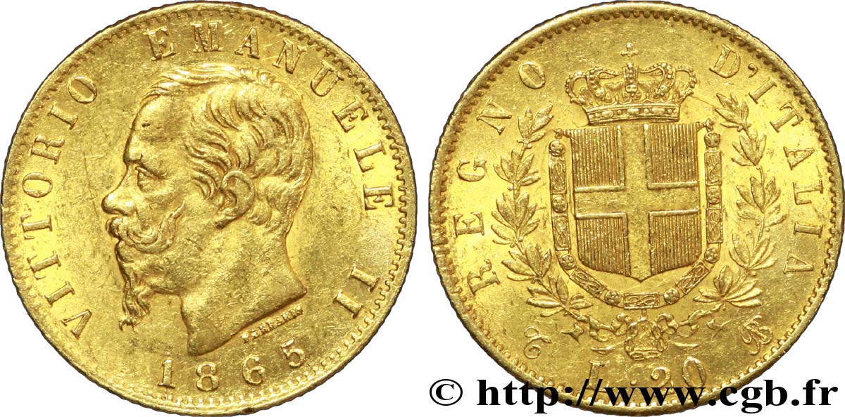 ITALIE 20 Lire Victor Emmanuel II  1865 Turin TTB+ 
