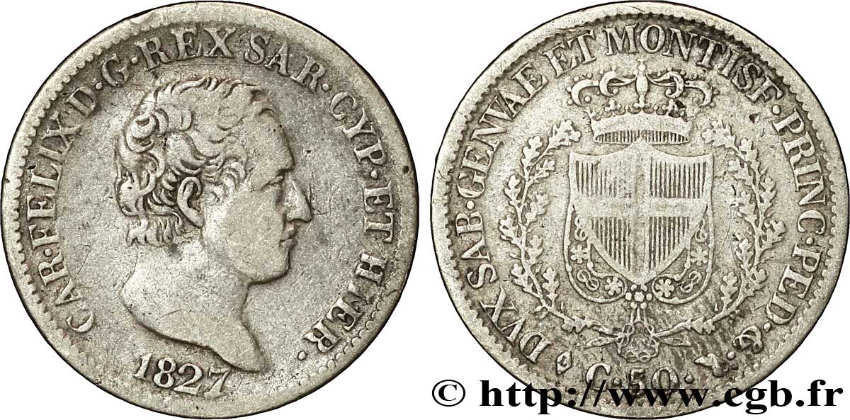ITALIE - ROYAUME DE SARDAIGNE 50 Centesimi Charles Félix, roi de Sardaigne type “P” 1827 Turin TB+ 