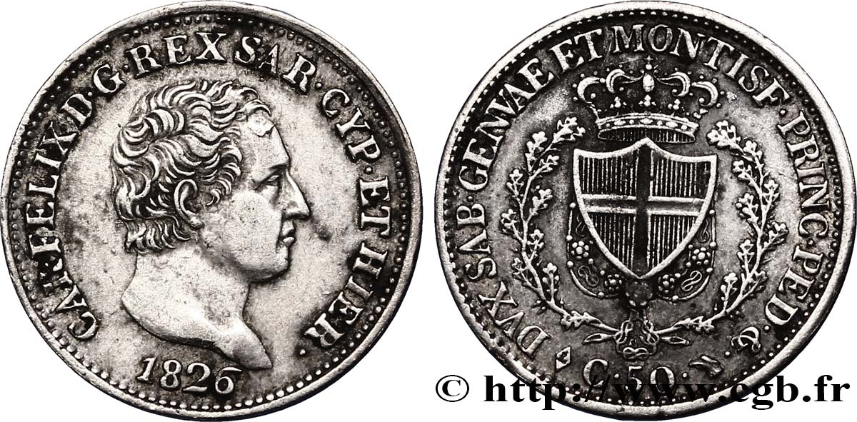 ITALIE - ROYAUME DE SARDAIGNE 50 Centesimi Charles Félix, roi de Sardaigne type “P” 1826 Turin TTB 
