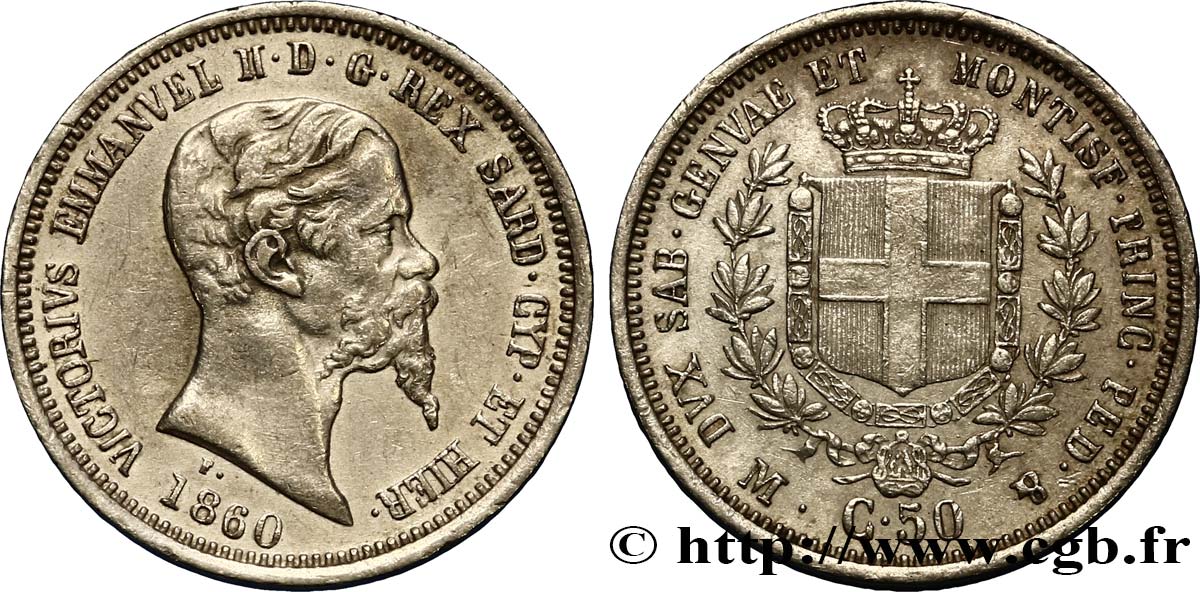 ITALIA - REGNO DE SARDINIA 50 Centesimi Victor Emmanuel II 1860 Milan q.SPL 