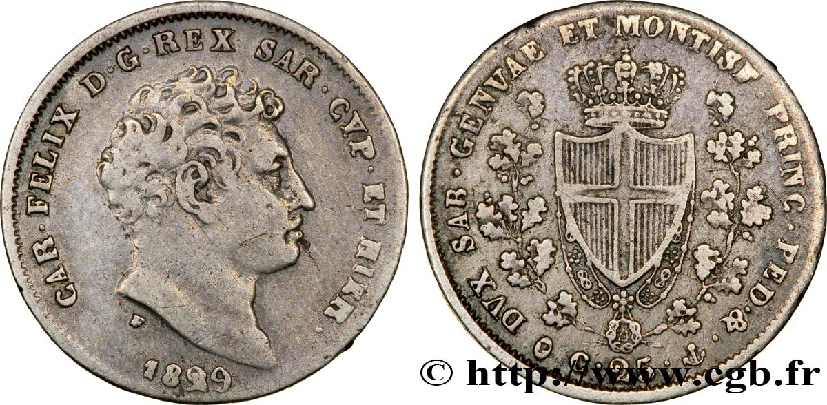 ITALIA - REINO DE CERDEÑA 25 Centesimi Charles-Félix, roi de Sardaigne P 1829 Gênes MBC 