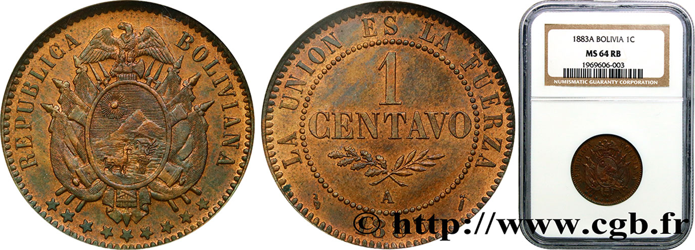 BOLIVIA 1 Centavo emblème 1883 Paris - A MS64 NGC