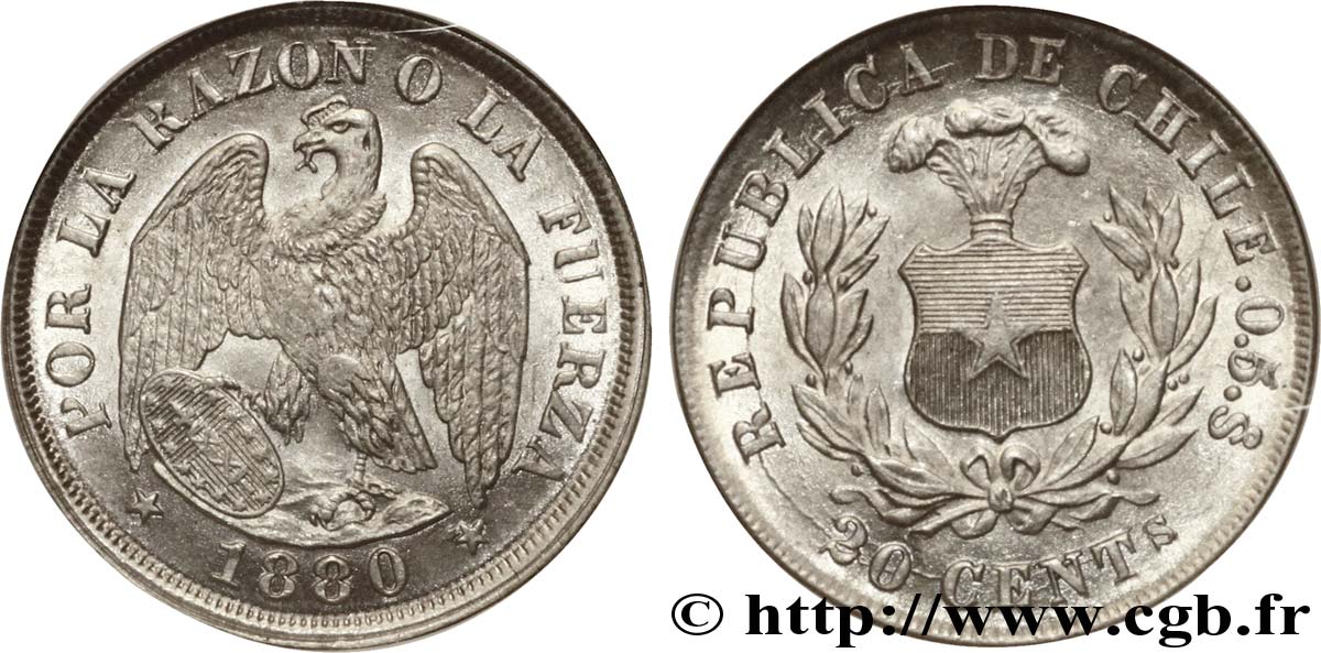 CHILI 20 Centavos emblème / condor 1880 Santiago - S° FDC66 NGC