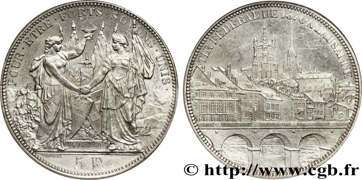 SUISSE 5 Francs, monnaie de Tir, Lausanne 1876  SUP62 NGC