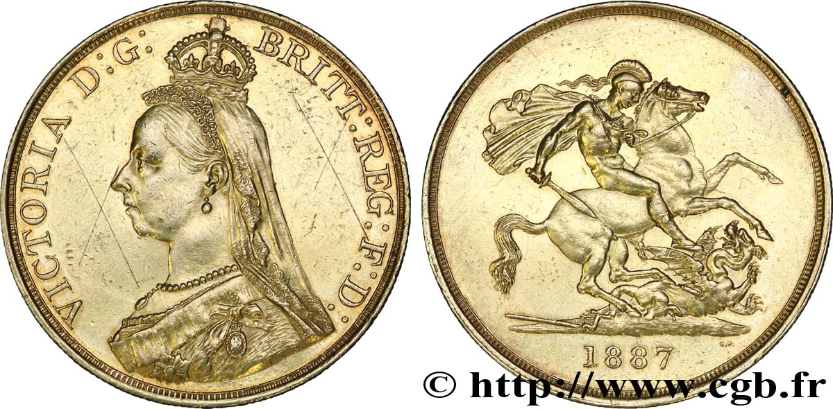 ROYAUME-UNI 5 Livres (Five pounds), Victoria  Jubilee head  / St Georges terrassant le dragon 1887 Londres SUP 