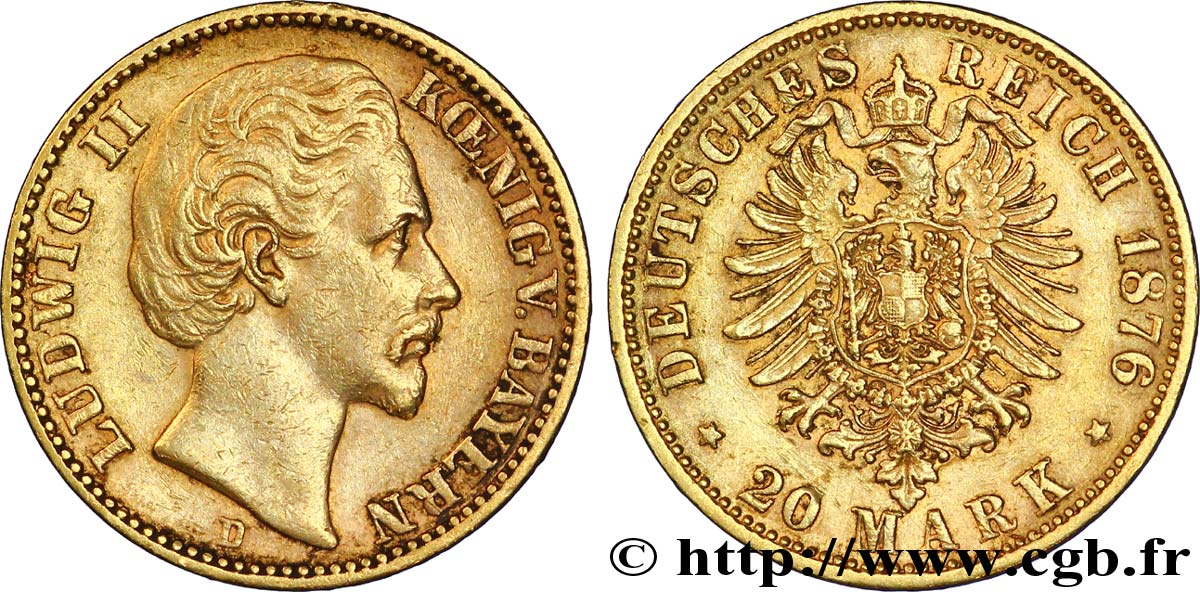 ALLEMAGNE - BAVIÈRE 20 Mark or Royaume de Bavière, Louis II, roi de Bavière / aigle impérial 1876 Munich - D TTB 