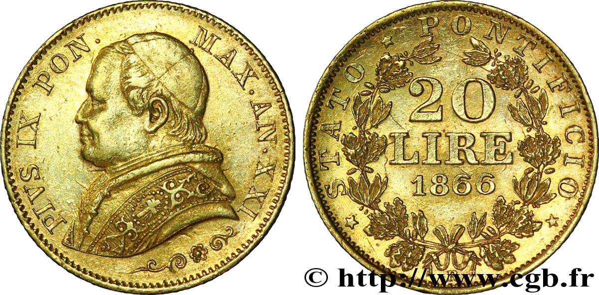 VATICAN ET ÉTATS PONTIFICAUX 20 Lire Pie IX anno XXI 1866 Rome TTB+ 