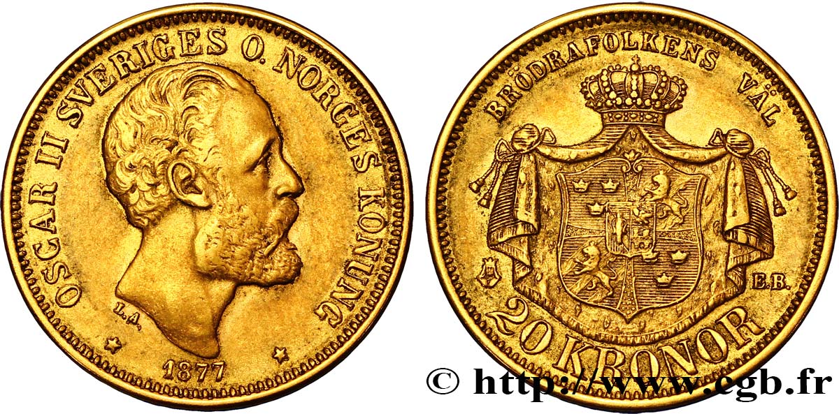 SUÈDE 20 Kronor or, Oscar II 1877  TTB 