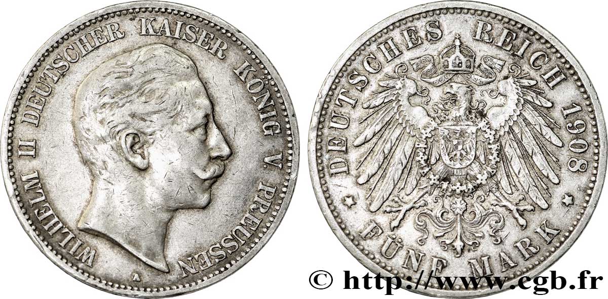 ALLEMAGNE - PRUSSE 5 Mark Guillaume II / aigle 1908 Berlin TTB 
