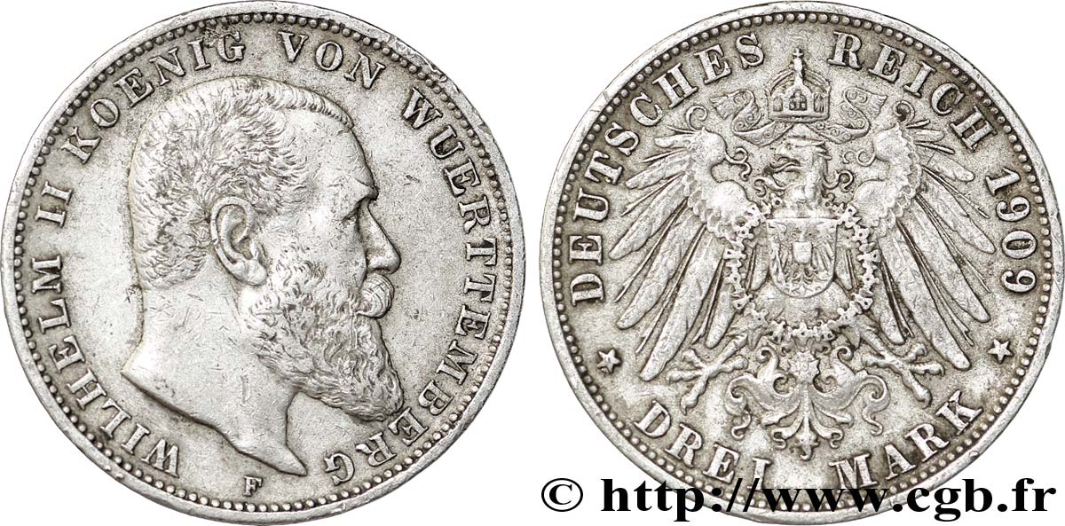 ALLEMAGNE - WURTEMBERG 3 Mark Guillaume II roi du Wurtemberg / aigle impérial héraldique 1909 Stuttgart - F TTB+ 