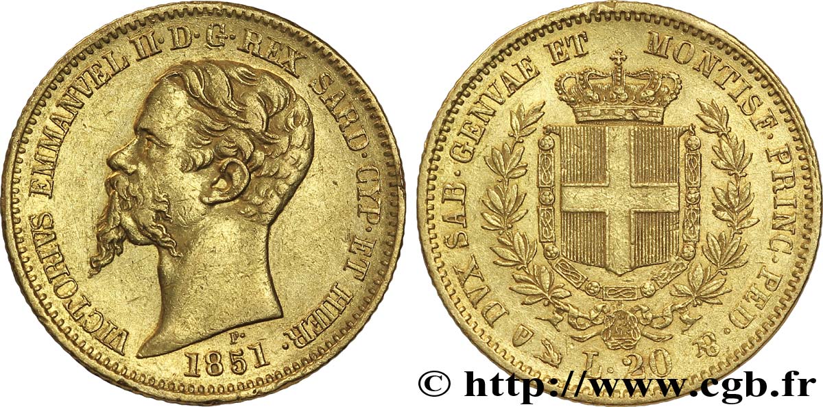 ITALIE - ROYAUME DE SARDAIGNE 20 Lire or Victor Emmanuel II / emblème 1851 Turin TTB 