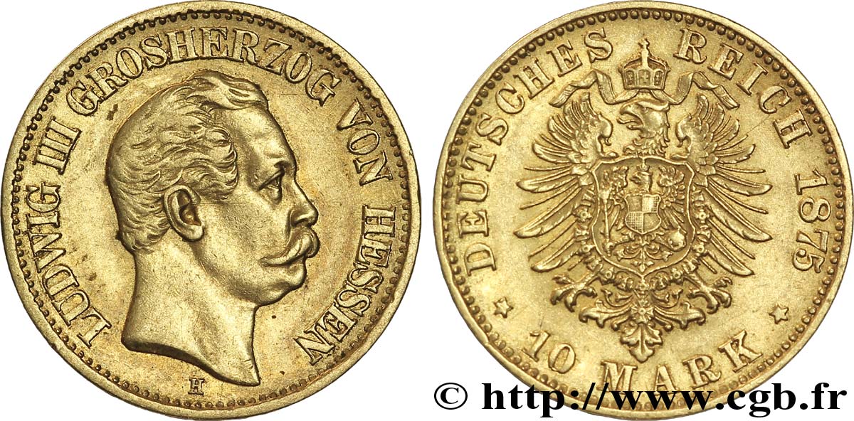 ALLEMAGNE - HESSE 10 Marks or, Louis III de Hesse 1873 Darmstadt TTB+ 