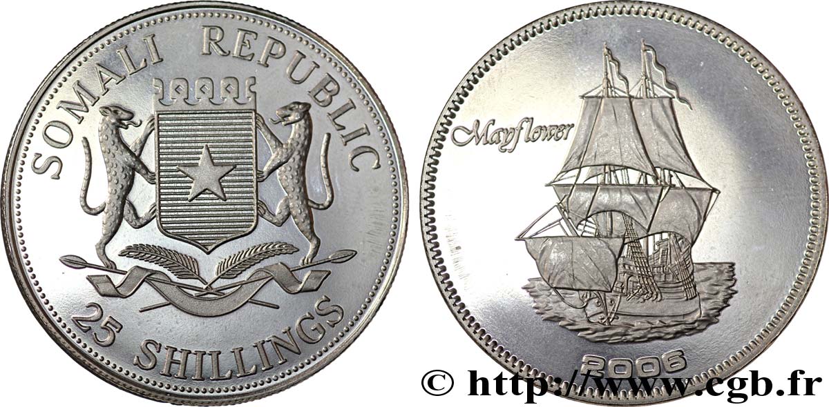 SOMALIE 25 Shillings Voiliers historiques : emblème / le Mayflower 2008  SPL 