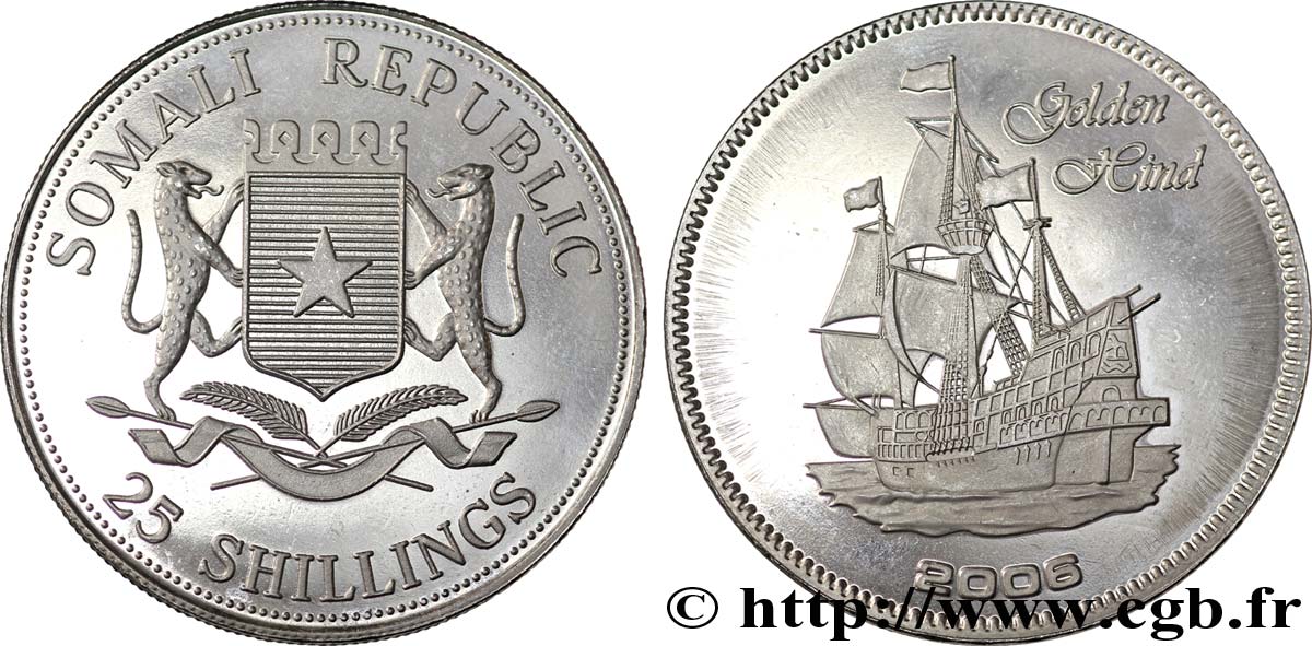 SOMALIE 25 Shillings Voiliers historiques : emblème / le Golden Hind 2008  SPL 