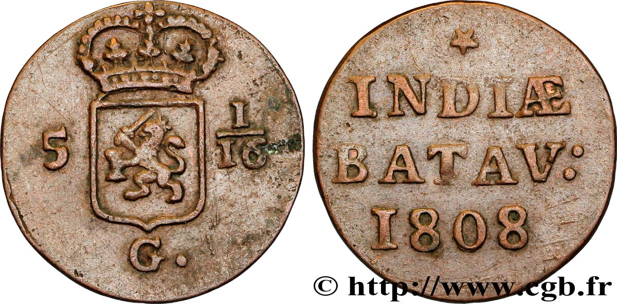 INDES NEERLANDAISES 5 1/16 Gulden (1 Duit) écu couronné des Pays-Bas 1808 Enkhuizen TB+ 