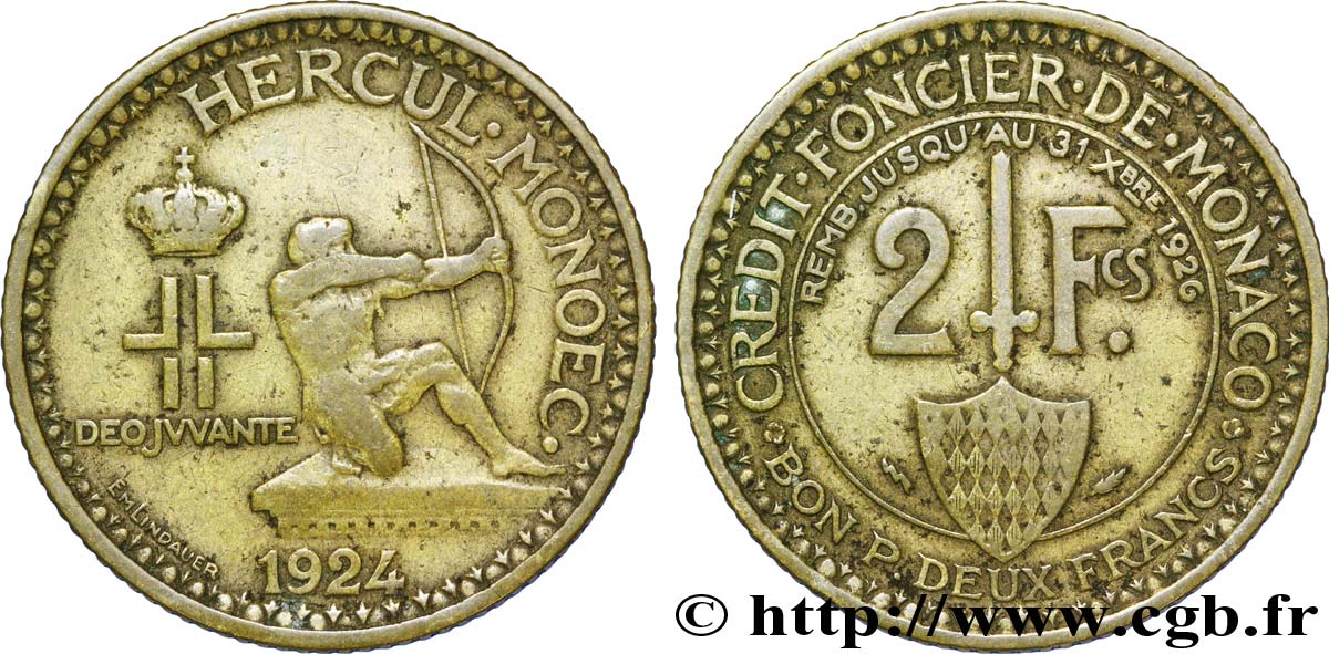 MONACO 2 Francs émission du Crédit Foncier de Monaco 1924 Poissy TB 