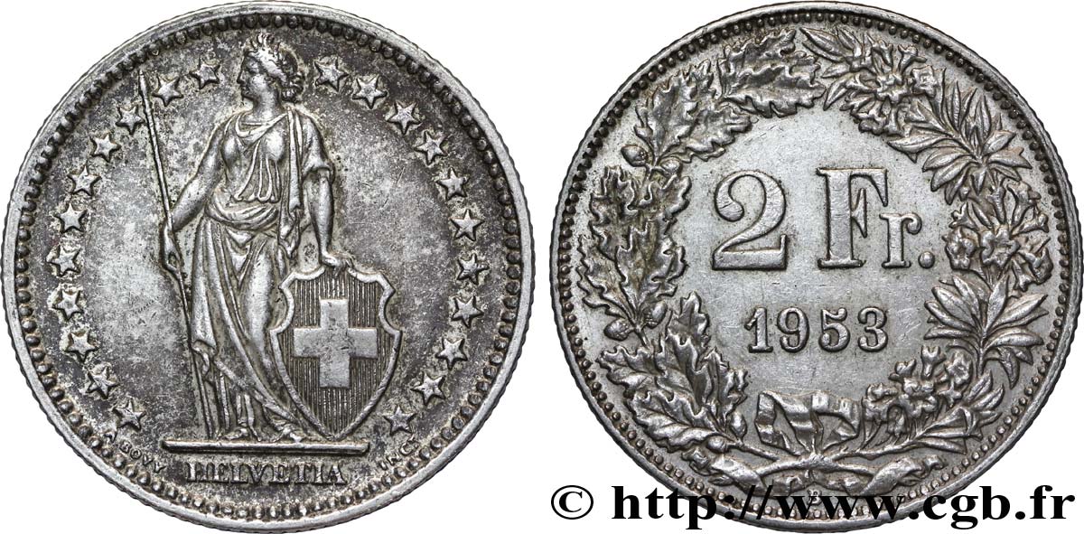 SUISSE 2 Francs Helvetia 1953 Berne - B SUP 