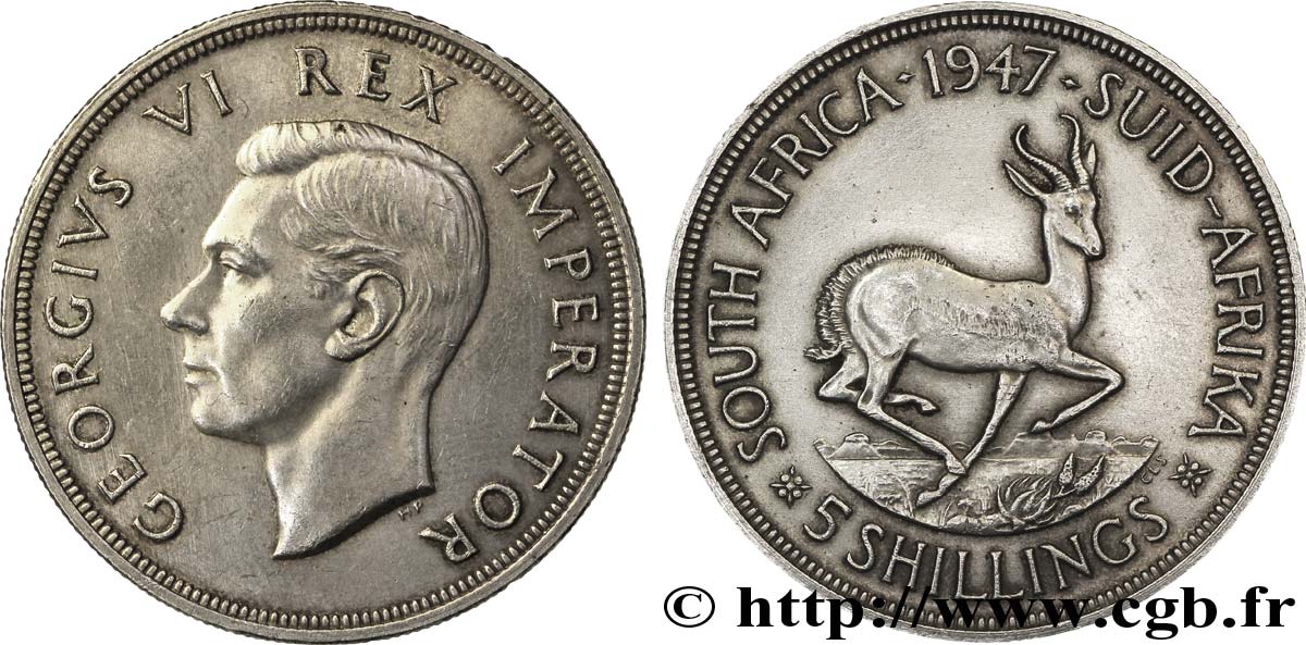 AFRIQUE DU SUD 5 Shillings Georges VI / springbok 1947 Pretoria TTB+ 