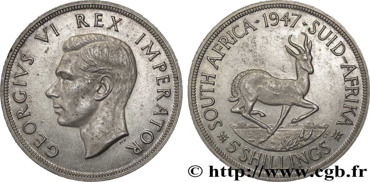 AFRIQUE DU SUD 5 Shillings Georges VI / springbok 1947 Pretoria SUP 