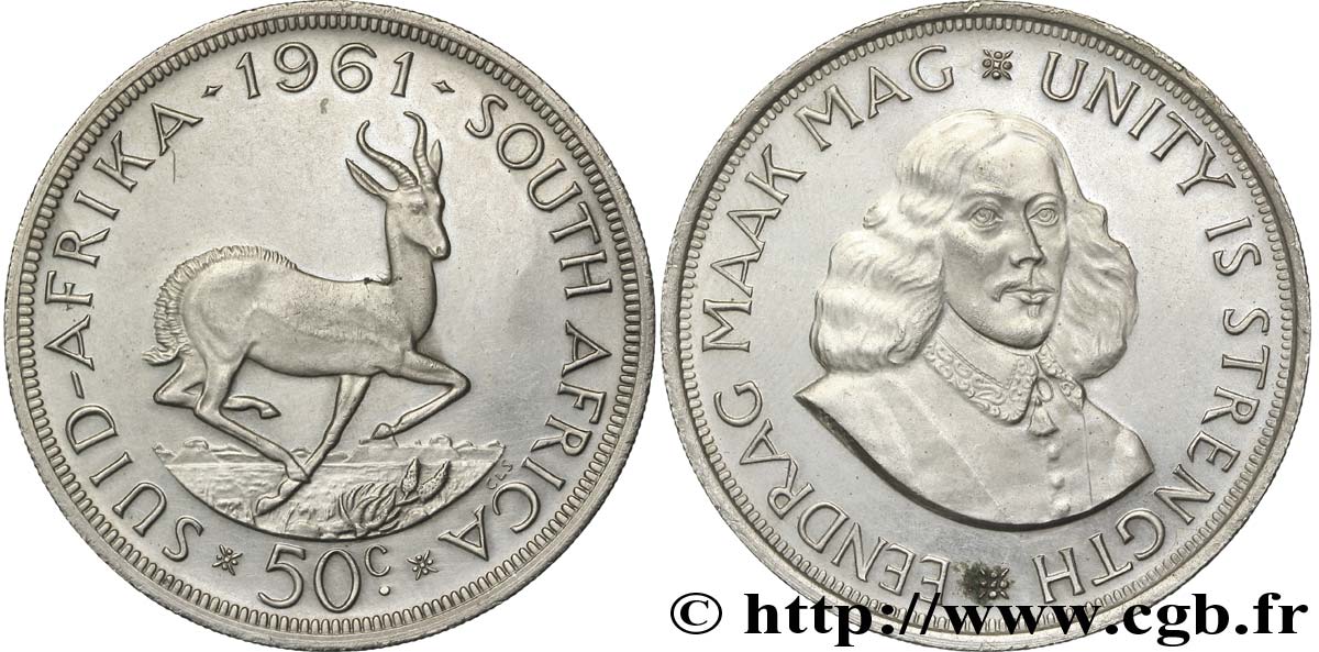 AFRIQUE DU SUD 50 Cents springbok / Jan Van Riebeeck 1961 Pretoria SPL 