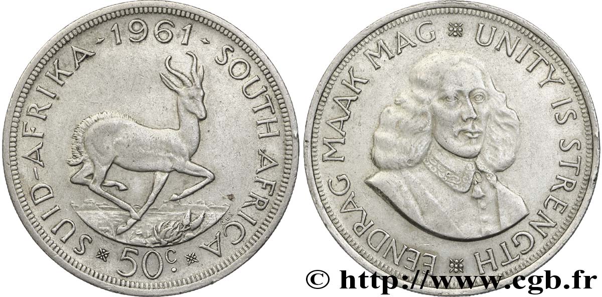 AFRIQUE DU SUD 50 Cents springbok / Jan Van Riebeeck 1961 Pretoria TTB+ 