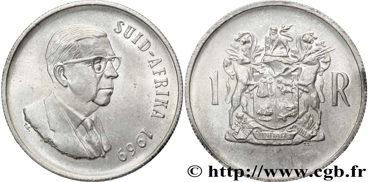 AFRIQUE DU SUD 1 Rand Dr Theophilus Ebenhaezer Dönges
 / springbok, légende afrikaans 1969 Pretoria SUP 