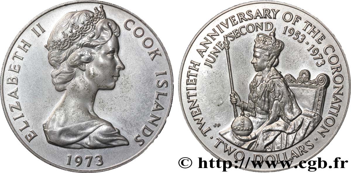 ÎLES COOK  2 Dollars 25e anniversaire du couronnement d’Elisabeth II 1973  SUP 