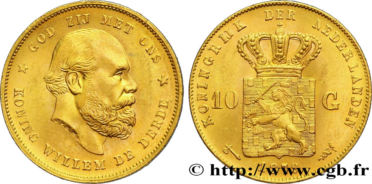 NETHERLANDS 10 Gulden or ou 10 Florins 2e type Guillaume III 1879 Utrecht MS 