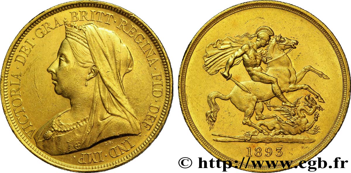 ROYAUME-UNI 5 Livres (five pounds) Victorie vieille tête / St Georges terrassant le dragon 1893 Londres SUP 