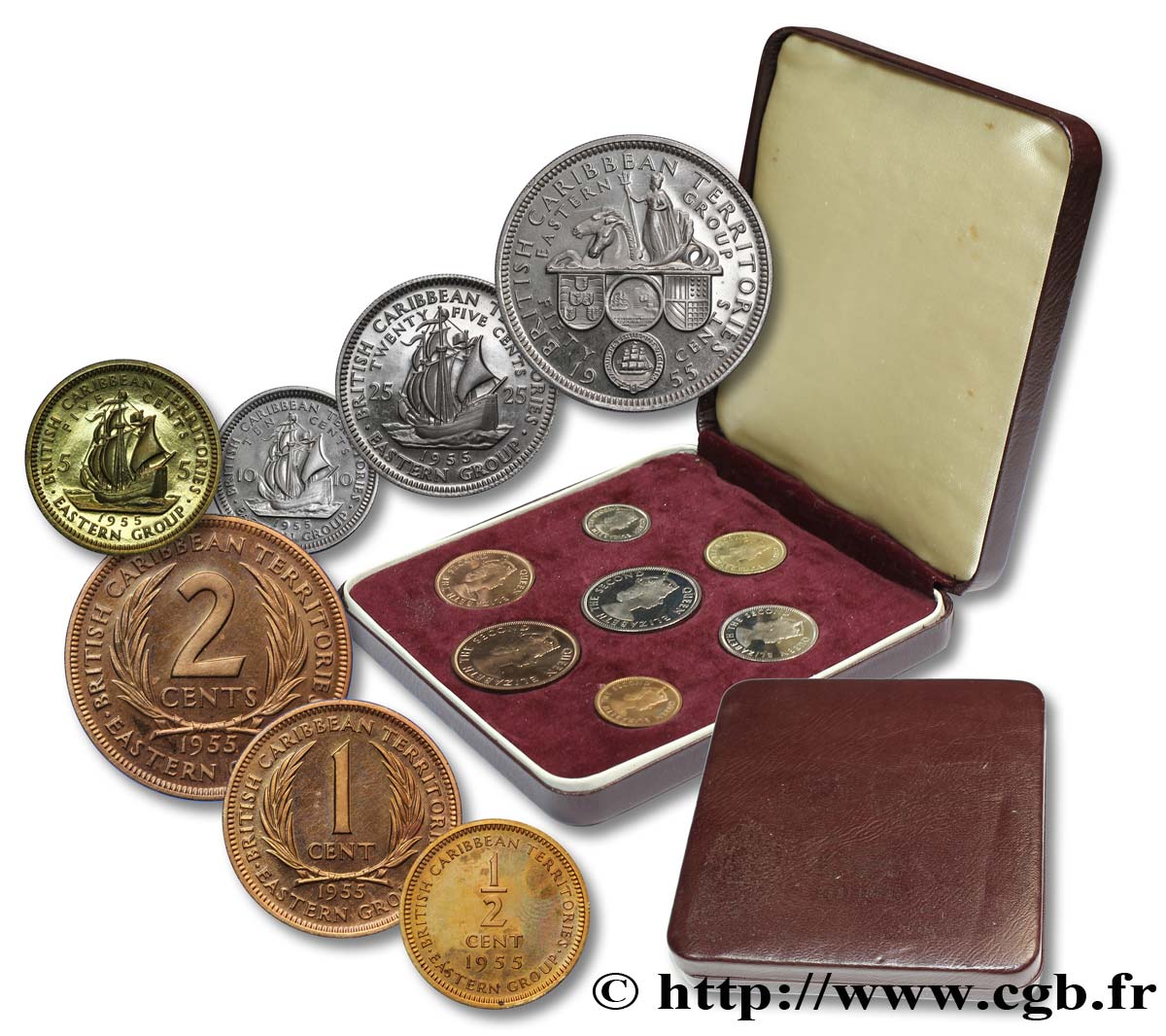 TERRITOIRES BRITANNIQUES DES CARAÏBES Série 7 monnaies Elisabeth II 1955  FDC 