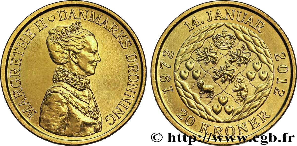 DINAMARCA 20 Kroner 40e anniversaire de règne de la reine Margrethe II 2012  SC 