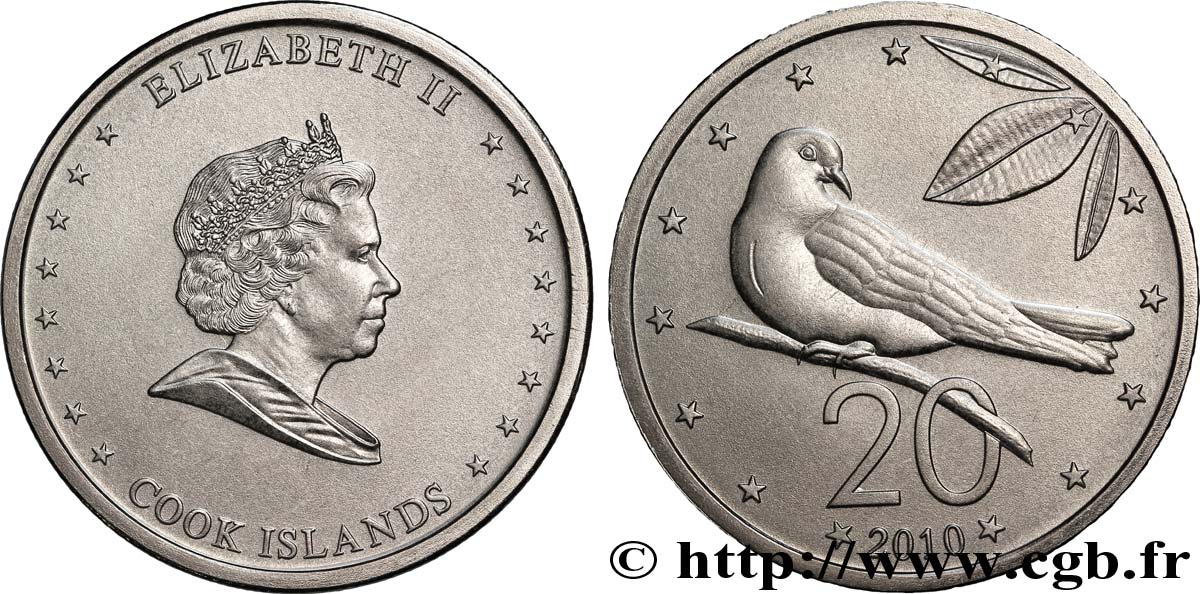 ÎLES COOK  20 Cents Elisabeth II / oiseau 2010  SPL 