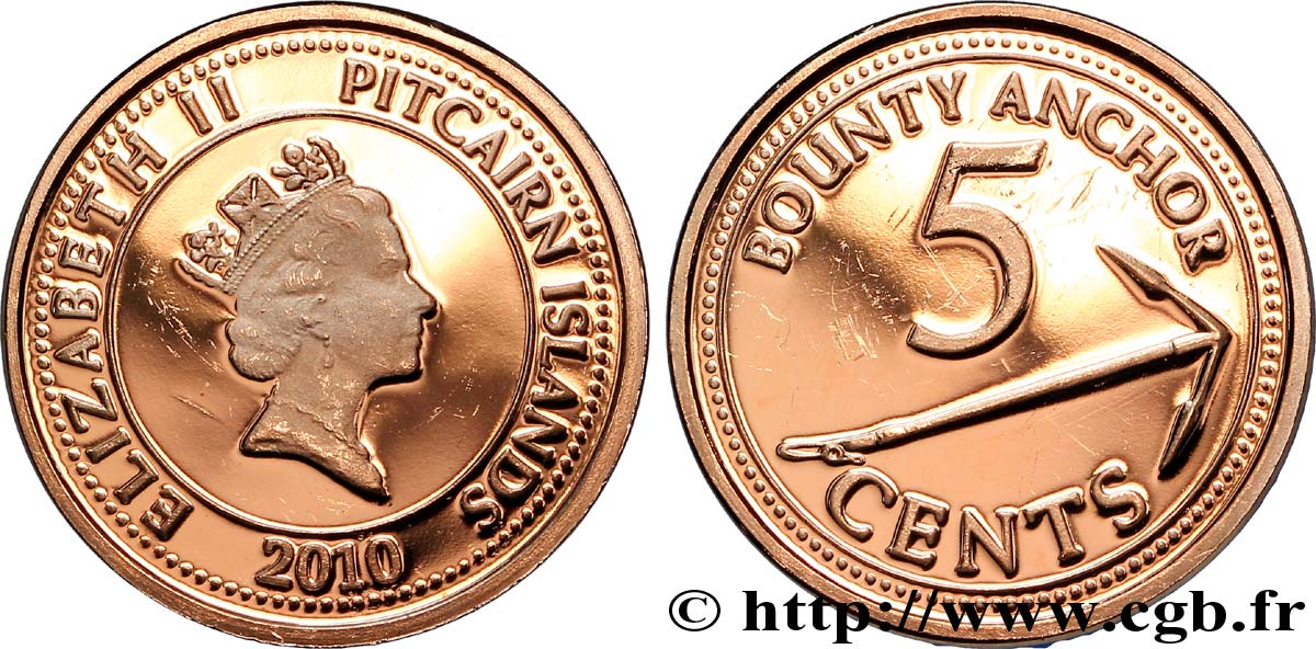 ÎLES PITCAIRN 5 Cents Elisabeth II / ancre du Bounty 2010  FDC 