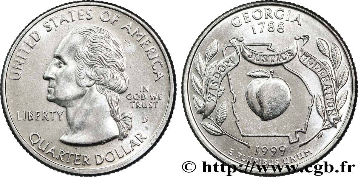 ÉTATS-UNIS D AMÉRIQUE 1/4 Dollar Georgie : pêche et contour de l’état 1999 Denver SPL 