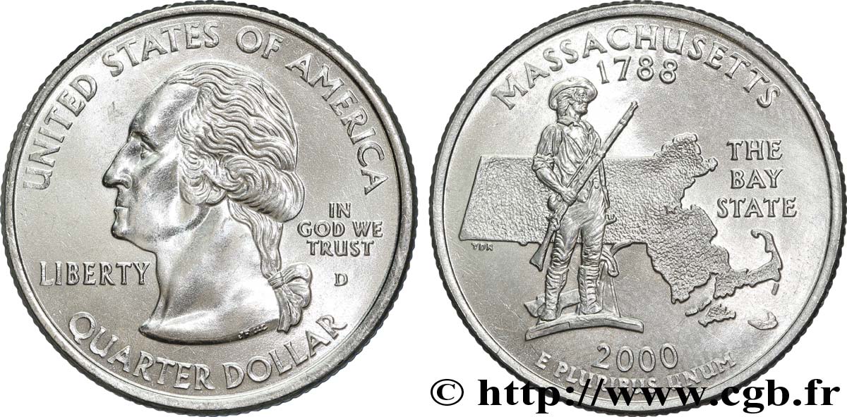 ÉTATS-UNIS D AMÉRIQUE 1/4 Dollar Massachusetts : statue du “Minuteman” du National Historical Park de Concord et carte de l’état 2000 Denver SPL 