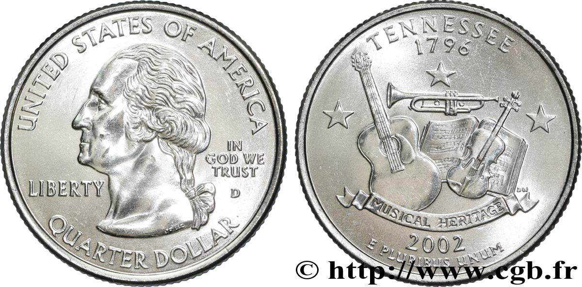 UNITED STATES OF AMERICA 1/4 Dollar Tennessee :  Musical Heritage  violon, guitare, trompette et partition 2002 Denver MS 